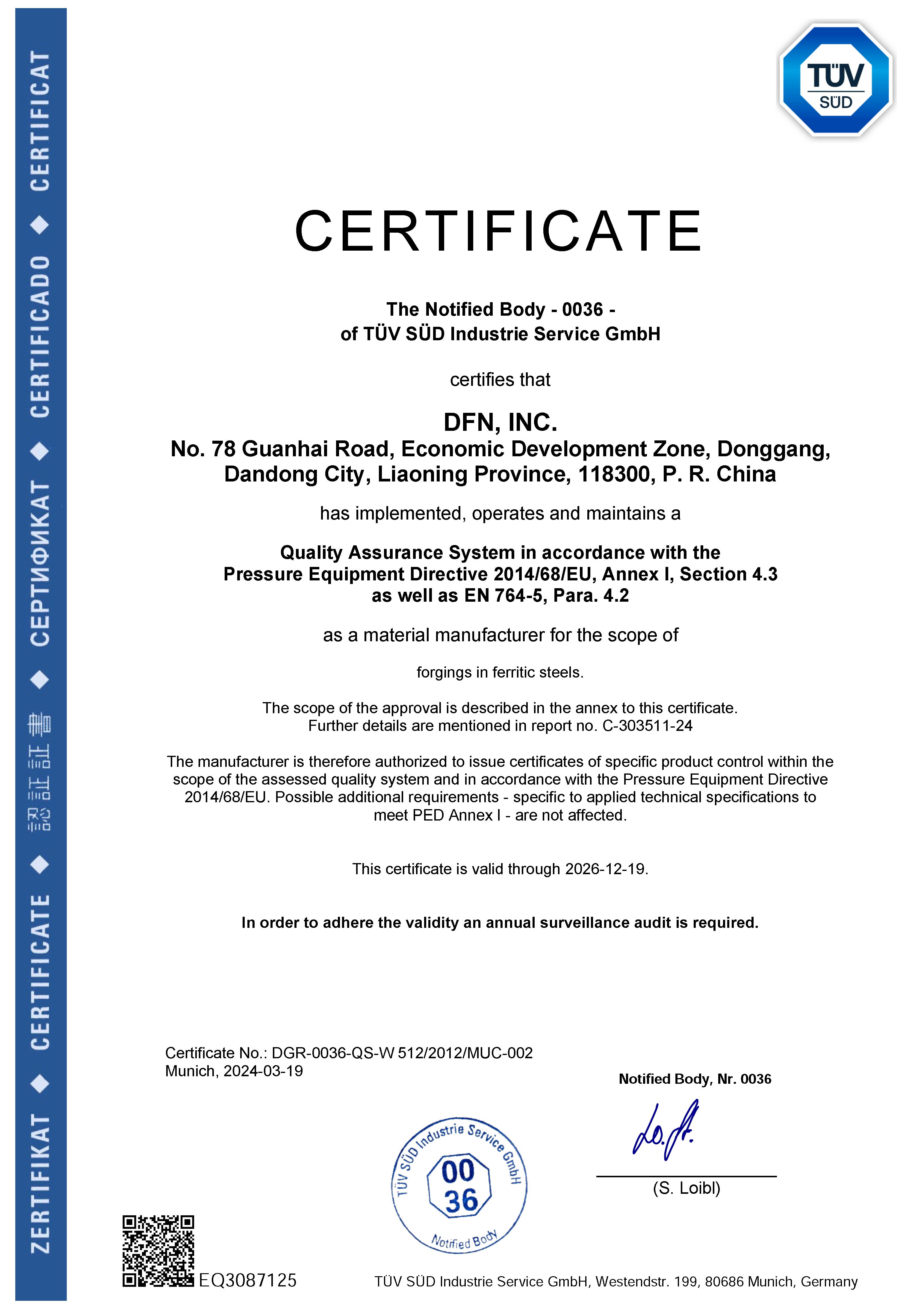  Pressure Equipment Directive Certificate